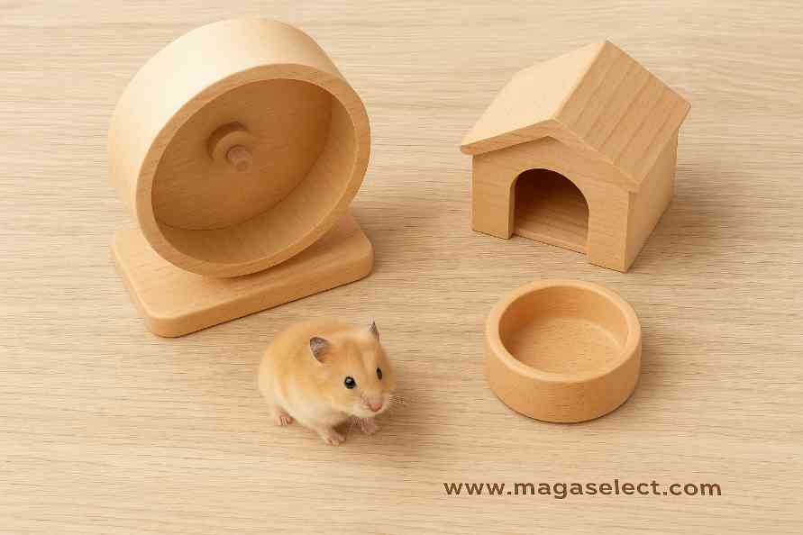 Magaselect Natural Beech Wood Hamster Home Set (Wheel + House + Bowl)